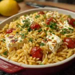 A vibrant bowl of baked feta orzo topped with fresh herbs and cherry tomatoes