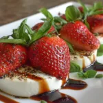 A vibrant plate of balsamic strawberry caprese salad topped with fresh basil leaves and drizzled with balsamic glaze
