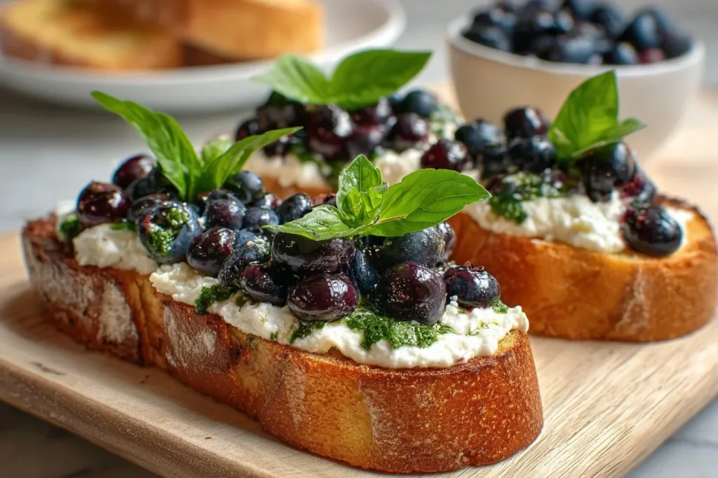 A delicious platter of basil blueberry ricotta bruschetta topped with fresh basil leaves and blueberries