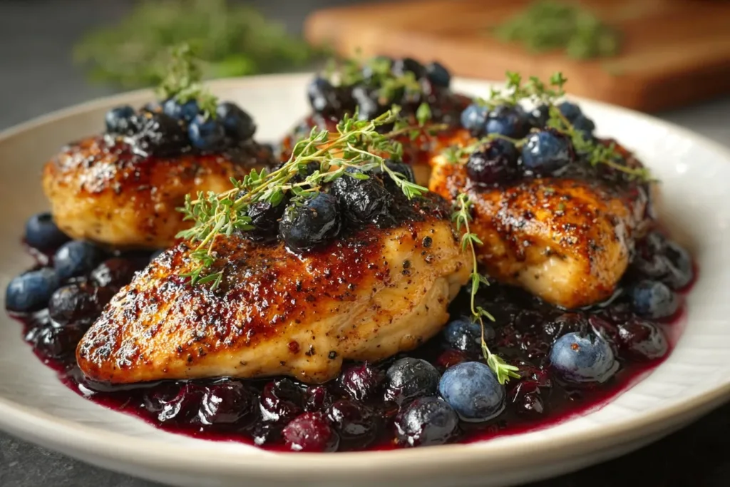 A beautifully plated blueberry thyme chicken dish garnished with fresh thyme and blueberries