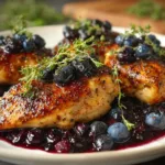 A beautifully plated blueberry thyme chicken dish garnished with fresh thyme and blueberries