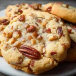 A freshly baked butter pecan cookie on a wooden table, with pecans scattered around.