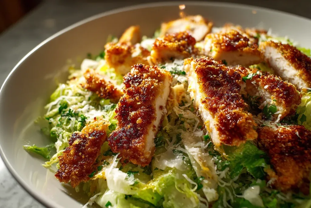 A vibrant bowl of Caesar slaw topped with crispy chicken strips, garnished with parmesan cheese and croutons.