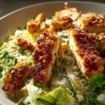 A vibrant bowl of Caesar slaw topped with crispy chicken strips, garnished with parmesan cheese and croutons.