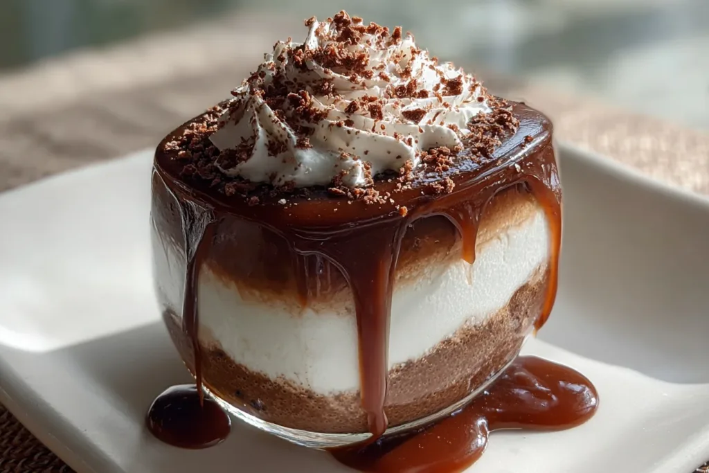 A frothy, whipped chocolate coffee topped with cocoa powder in a glass cup