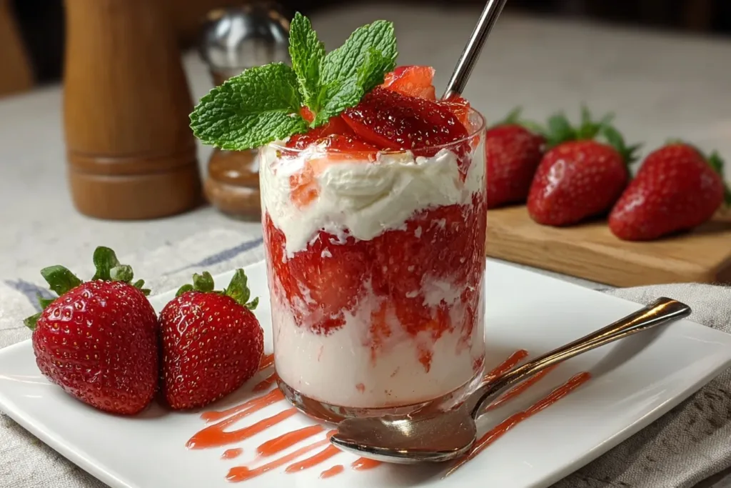A glass of creamy Korean strawberry milk topped with fresh strawberries and whipped cream