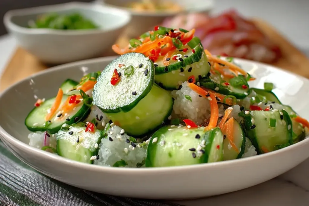 A vibrant California roll cucumber salad topped with avocado slices and sesame seeds in a white bowl