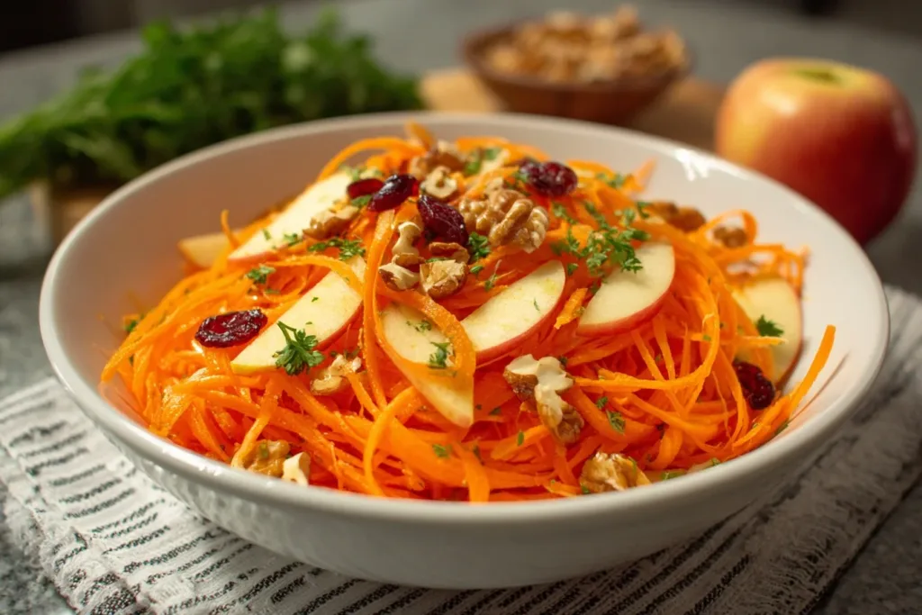 A vibrant carrot apple salad topped with walnuts and parsley, served in a white bowl.