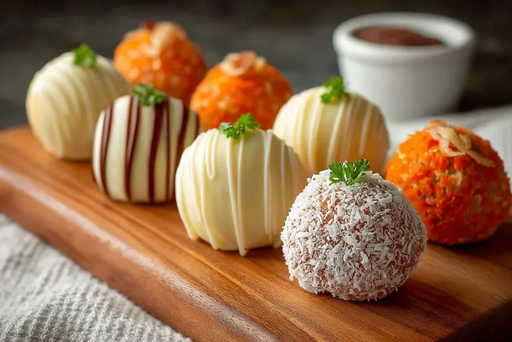 A plate of carrot cake truffles coated in coconut and chopped nuts, garnished with a sprinkle of cinnamon