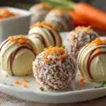A close-up of delicious carrot cake truffles coated in coconut flakes and drizzled with white chocolate.