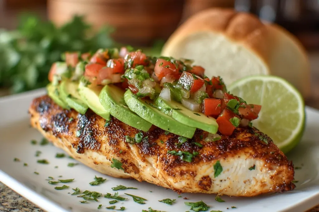 A vibrant plate of chicken avocado tacos topped with fresh cilantro and lime wedges