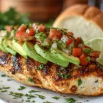 A vibrant plate of chicken avocado tacos topped with fresh cilantro and lime wedges