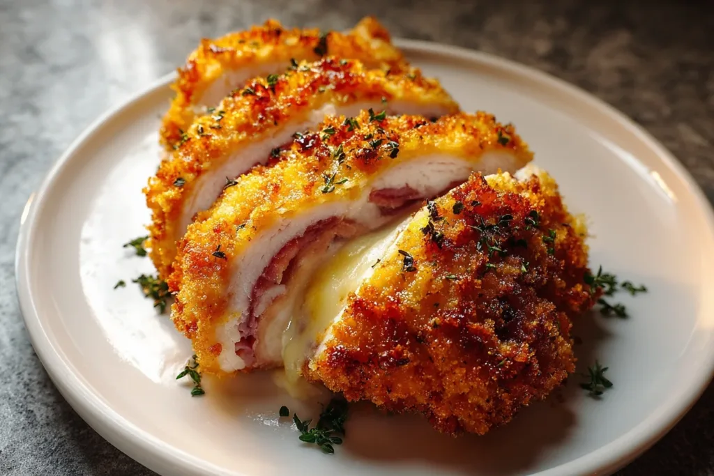 Golden-brown chicken cordon bleu stuffed with ham and cheese, served with a side of fresh vegetables