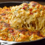 A creamy bowl of chicken spaghetti mac cheese topped with melted cheese and herbs
