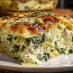A delicious serving of chicken spinach artichoke lasagna with layers of cheese, spinach, and artichokes