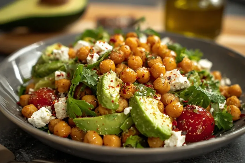 A vibrant chickpea feta avocado salad topped with cherry tomatoes and fresh herbs in a white bowl
