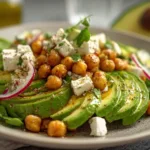 A vibrant chickpea feta avocado salad in a bowl, topped with cherry tomatoes and herbs.