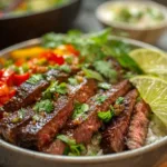 A vibrant cilantro lime steak bowl topped with fresh cilantro, lime wedges, and colorful vegetables.