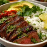 A colorful cilantro lime steak bowl topped with fresh vegetables and lime wedges