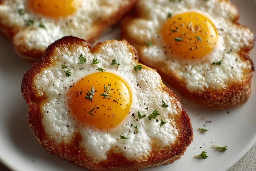 Fluffy cloud eggs topped with herbs on a white plate