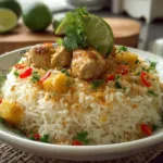 A vibrant plate of coconut chicken rice garnished with fresh herbs and lime wedges