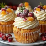 Delicious cranberry orange cupcakes topped with orange zest and fresh cranberries on a festive table