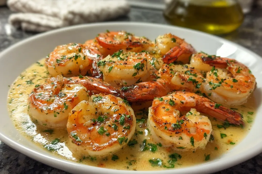 A plate of creamy garlic shrimp garnished with parsley and served with lemon wedges