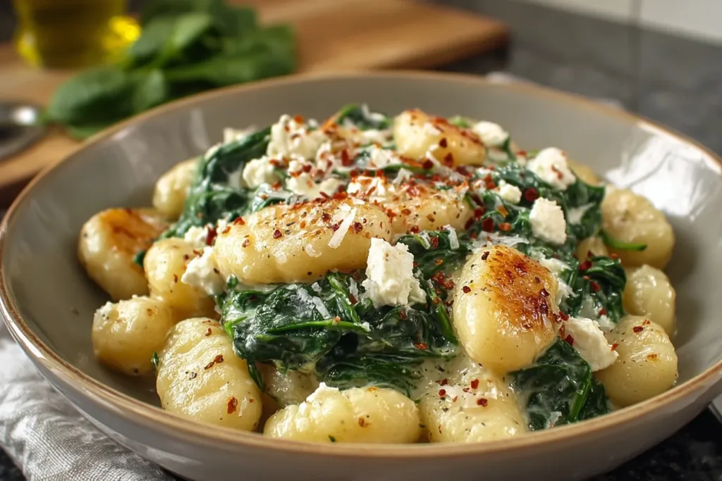 A bowl of creamy gnocchi with spinach and feta cheese topped with fresh herbs