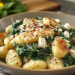 A bowl of creamy gnocchi with spinach and feta cheese topped with fresh herbs
