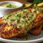 A plate of crispy dill pickle parmesan bites garnished with fresh dill and served with a dipping sauce