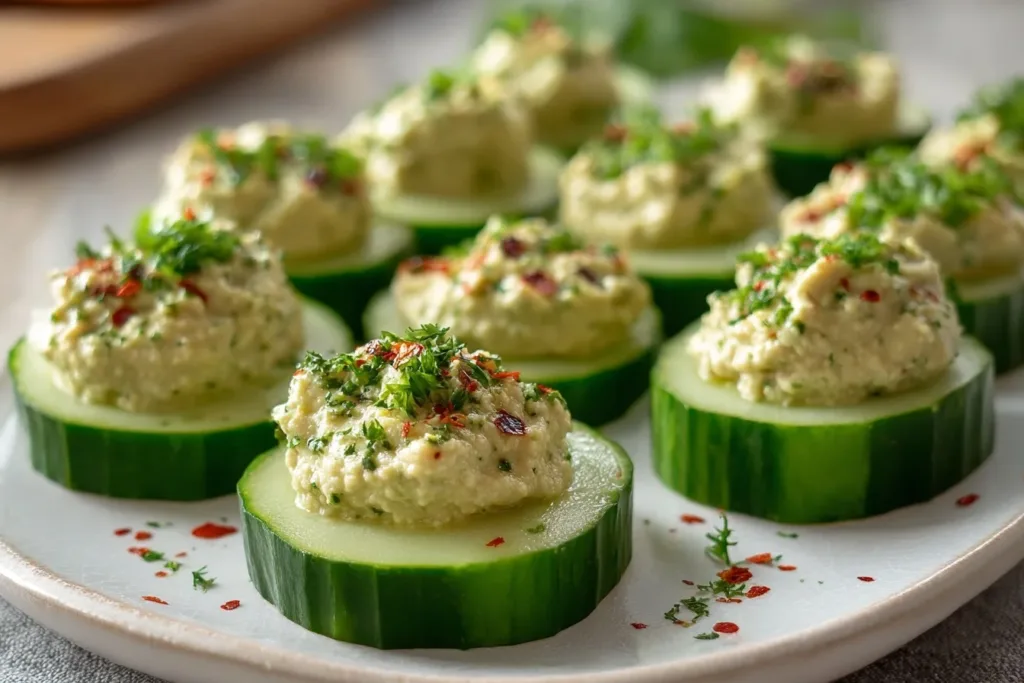 A platter of cucumber hummus bites topped with paprika and herbs