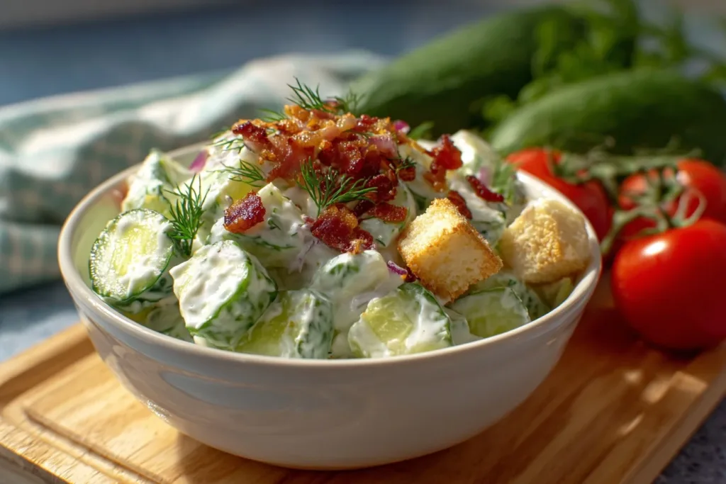 A vibrant bowl of cucumber ranch crack salad topped with crispy bacon and fresh herbs