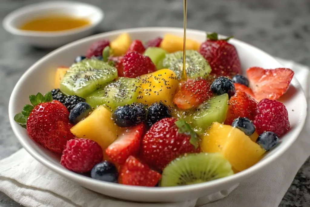A vibrant bowl of fresh fruit salad with strawberries, blueberries, kiwi, and orange slices