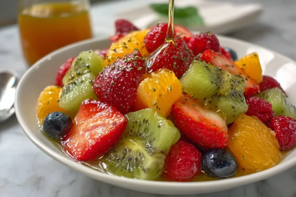 A vibrant bowl of fresh fruit salad drizzled with honey, featuring strawberries, blueberries, and kiwi slices.