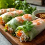 Colorful fresh Vietnamese spring rolls filled with shrimp, vegetables, and herbs on a wooden serving board