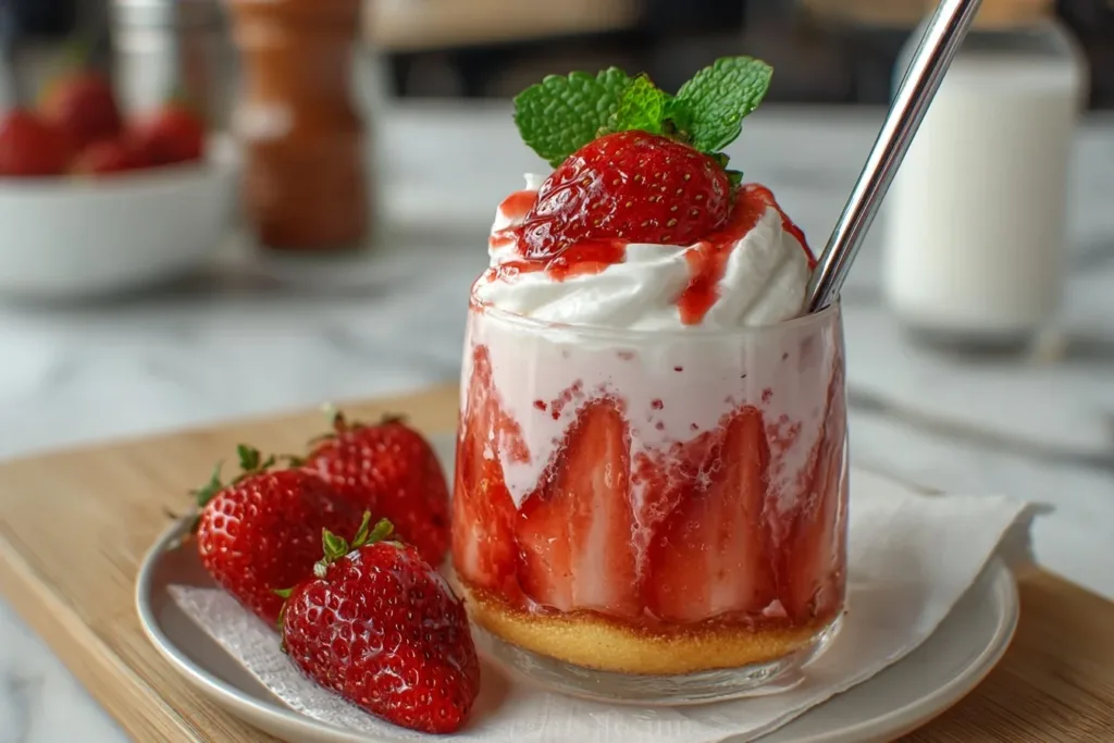 A refreshing glass of frozen strawberry lemonade with ice and lemon slices