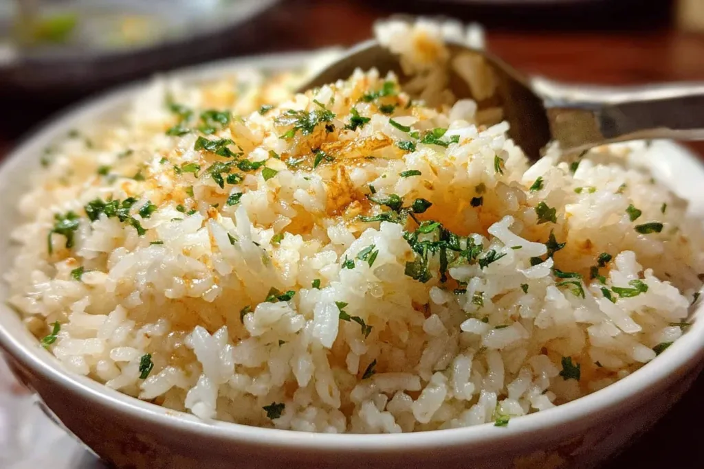 A close-up shot of creamy garlic butter rice garnished with fresh parsley in a white bowl