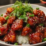 A plate of General Tso's chicken garnished with sesame seeds and green onions, served with steamed rice.