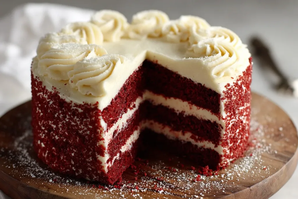 A beautifully decorated gluten free red velvet cake topped with cream cheese frosting and red sprinkles