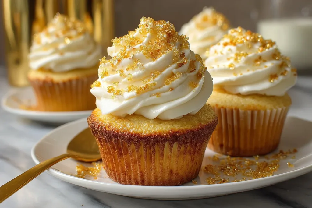 A plate of golden angel food cupcakes topped with fluffy white frosting and colorful sprinkles