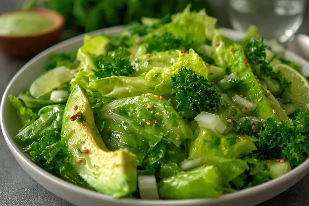 A vibrant green goddess salad featuring fresh ingredients like romaine lettuce, avocado, cucumber, and herbs, garnished with a creamy dressing.