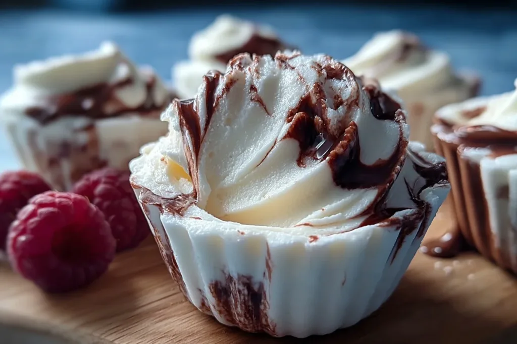 A close-up of healthy frozen Greek yogurt peanut butter chocolate marble cups topped with crushed nuts and chocolate drizzle.