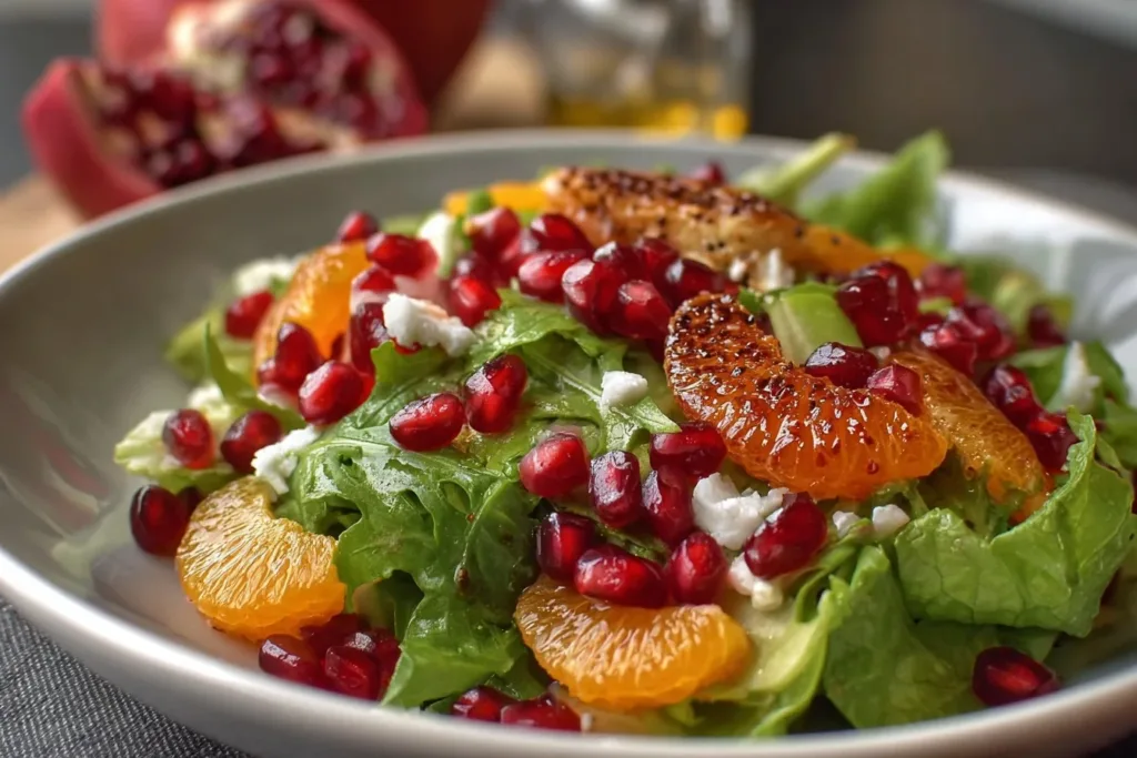 A vibrant healthy winter salad with pomegranate seeds, mixed greens, and walnuts in a bowl