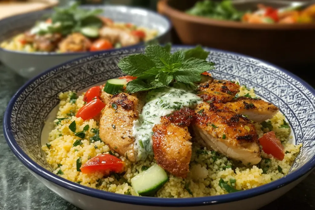 A vibrant bowl of herbed chicken couscous topped with fresh vegetables and herbs