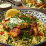 A vibrant bowl of herbed chicken couscous topped with fresh vegetables and herbs