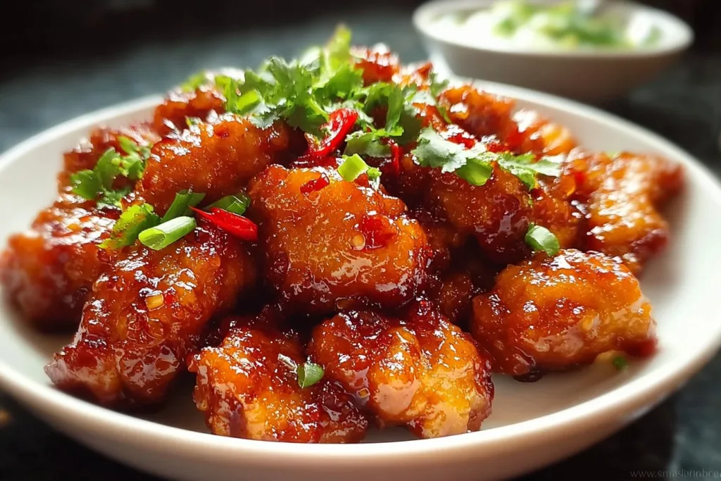 A plate of honey chilli chicken garnished with green onions and sesame seeds, served with steamed rice