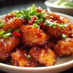 A plate of honey chilli chicken garnished with green onions and sesame seeds, served with steamed rice