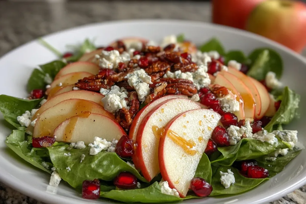 A vibrant honeycrisp apple feta salad topped with walnuts and drizzled with balsamic dressing