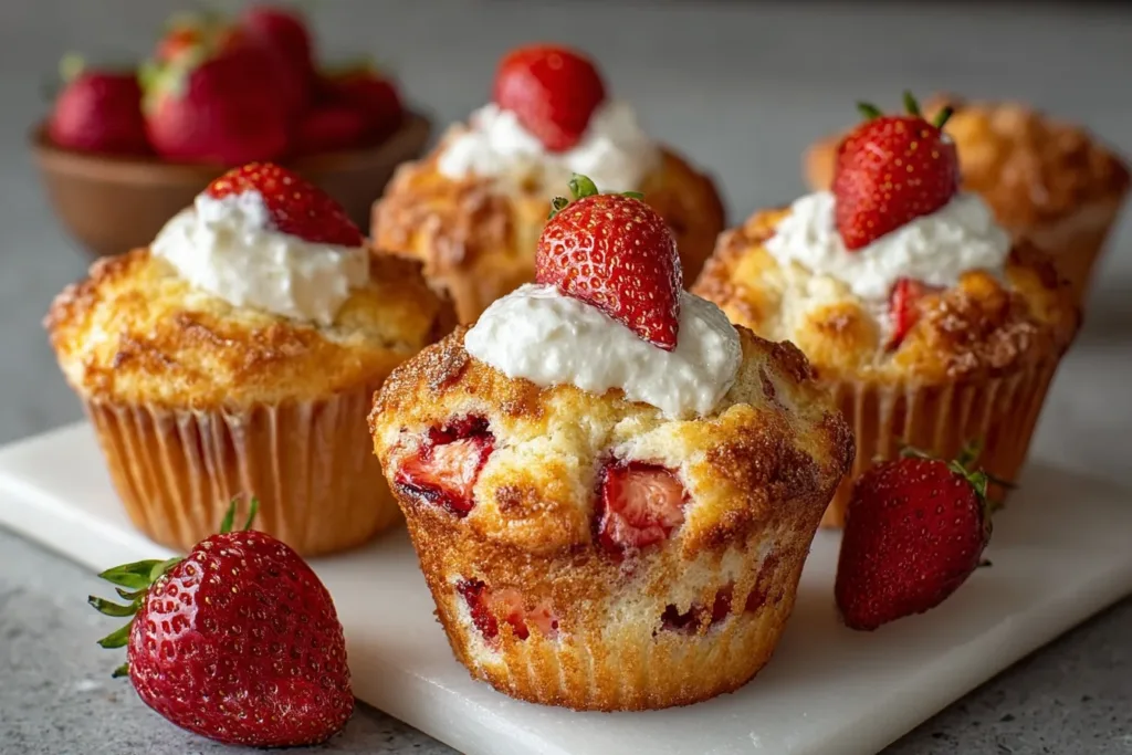 Freshly baked strawberry shortcake muffins topped with whipped cream and fresh strawberries on a wooden table.