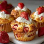 Freshly baked strawberry shortcake muffins topped with whipped cream and fresh strawberries on a wooden table.